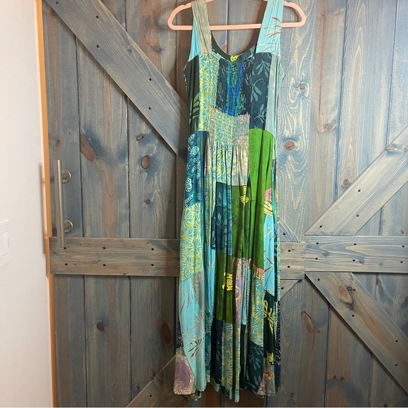 90s Hippie Blue Green Boho Maxi Sundress with Scoop Neck Size Small Rayon - Picture 7 of 9
